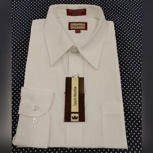 LOUIS MARTIN MEN'S WHITE REGULAR  FIT POLY/COTTON POINT COLLAR DRESS SHIRT.